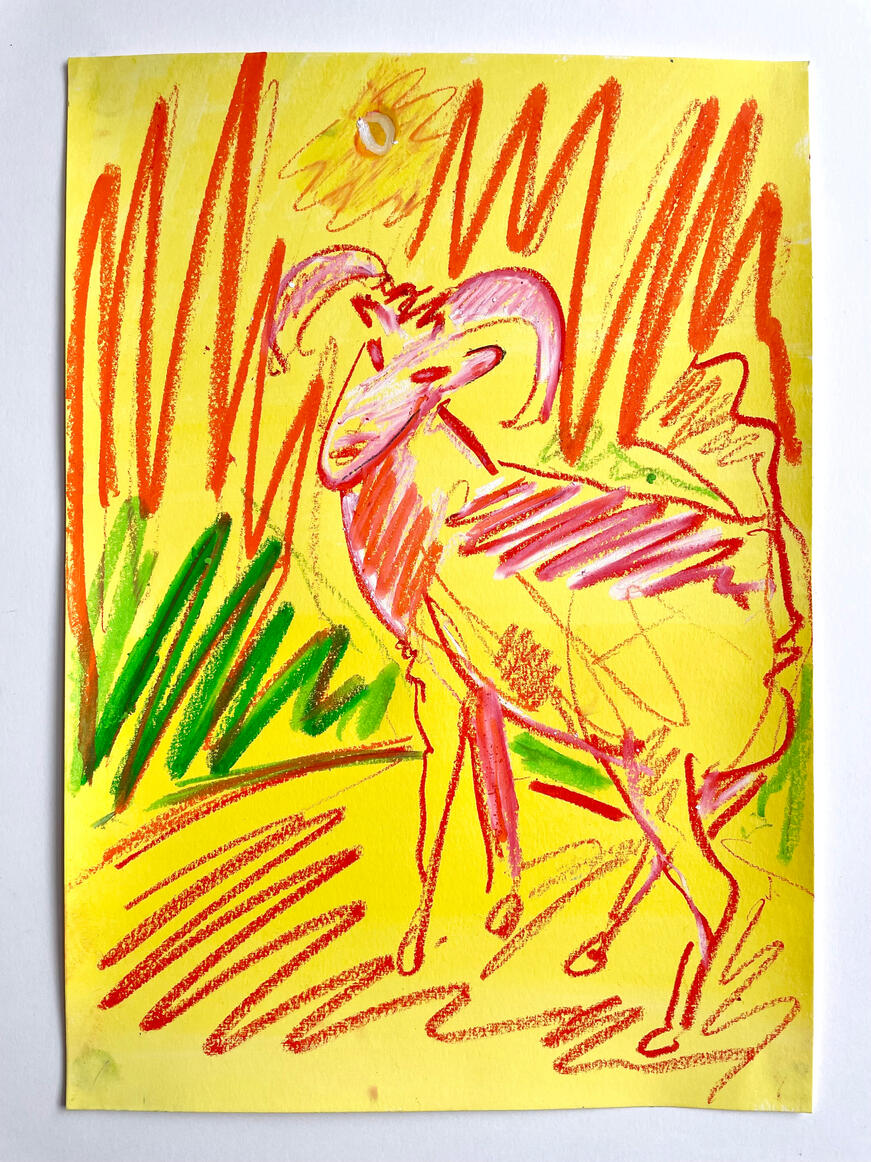 The Ram, 2022, Oil pastel and acrylic on paper, 30 x 21 cm