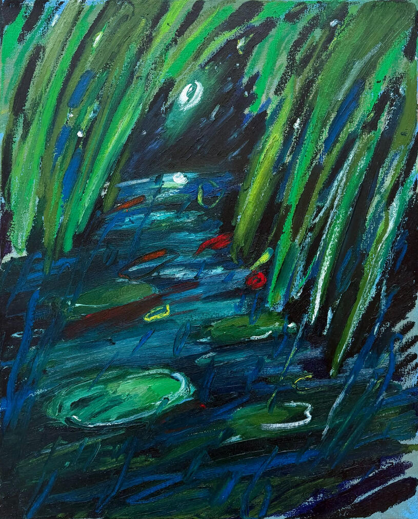 Night Rain, 2026, Acrylic, oil bar and oil pastel on canvas, 50.5 x 40 cm