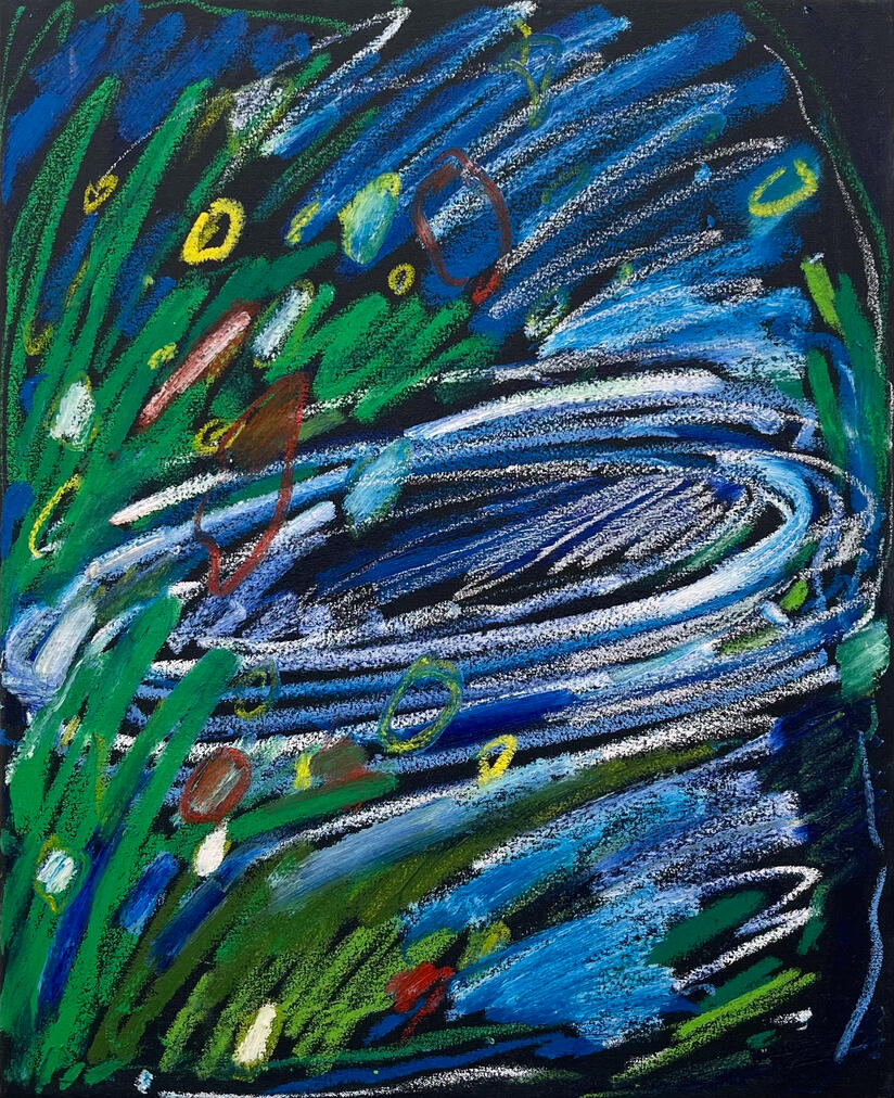 Eclipse Season, 2025, Acrylic, oil bar and oil pastel on canvas, 50.5 x 40 cm
